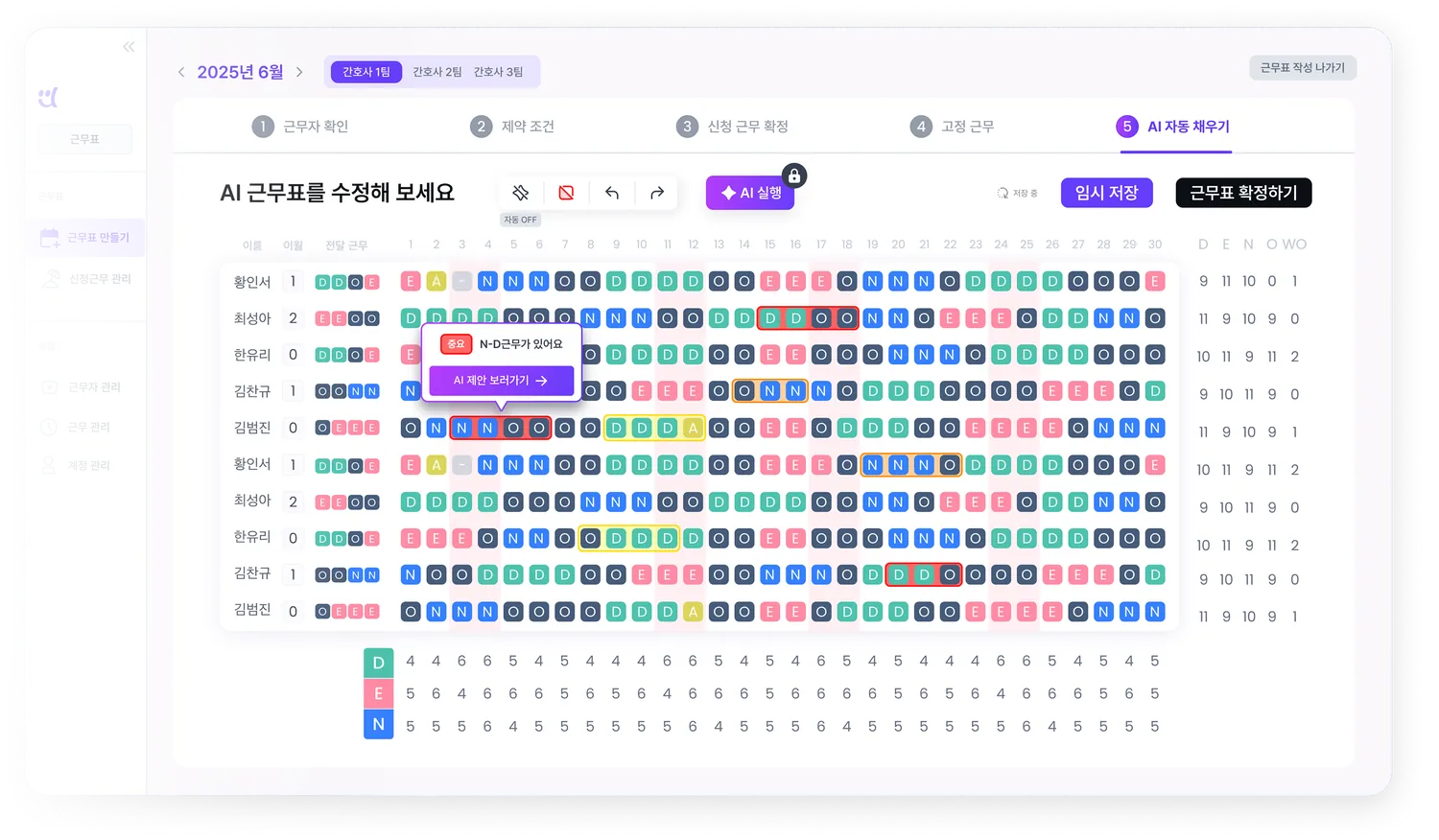 AI가 자동으로 생성한 간호사 근무표 화면